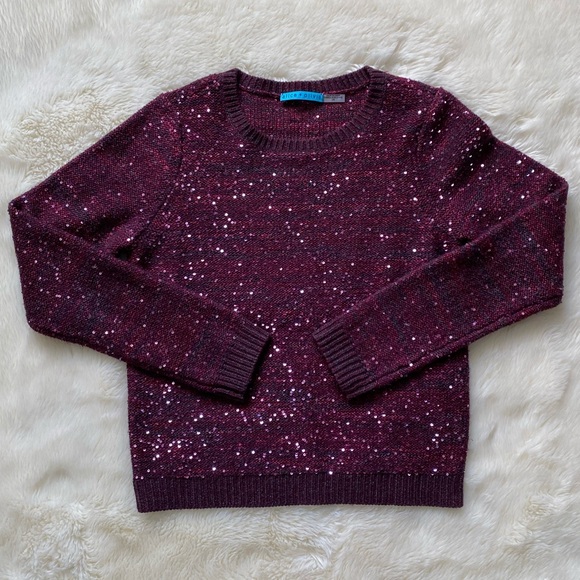 Alice + Olivia Macy Sequined Stripe Knit Sweater, Size L Plum Wine - Picture 1 of 10